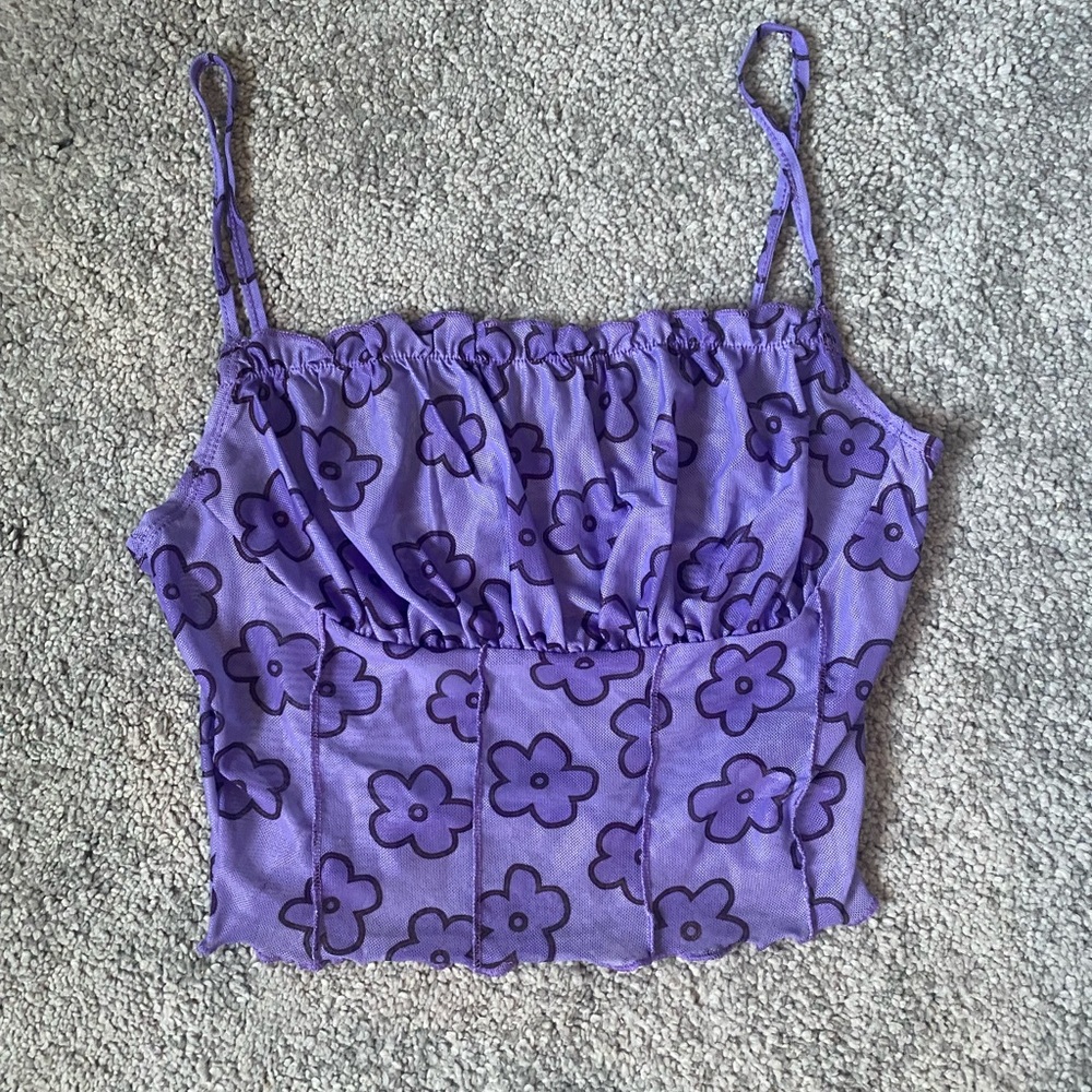 Bright Purple Lettuce Trim Seam Front Floral Mesh Cami Top